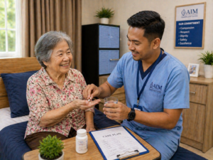nurse give medicine to elderly